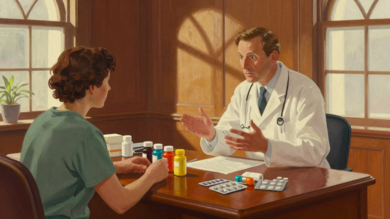 Patient discussing supplement bottles with a doctor in office.