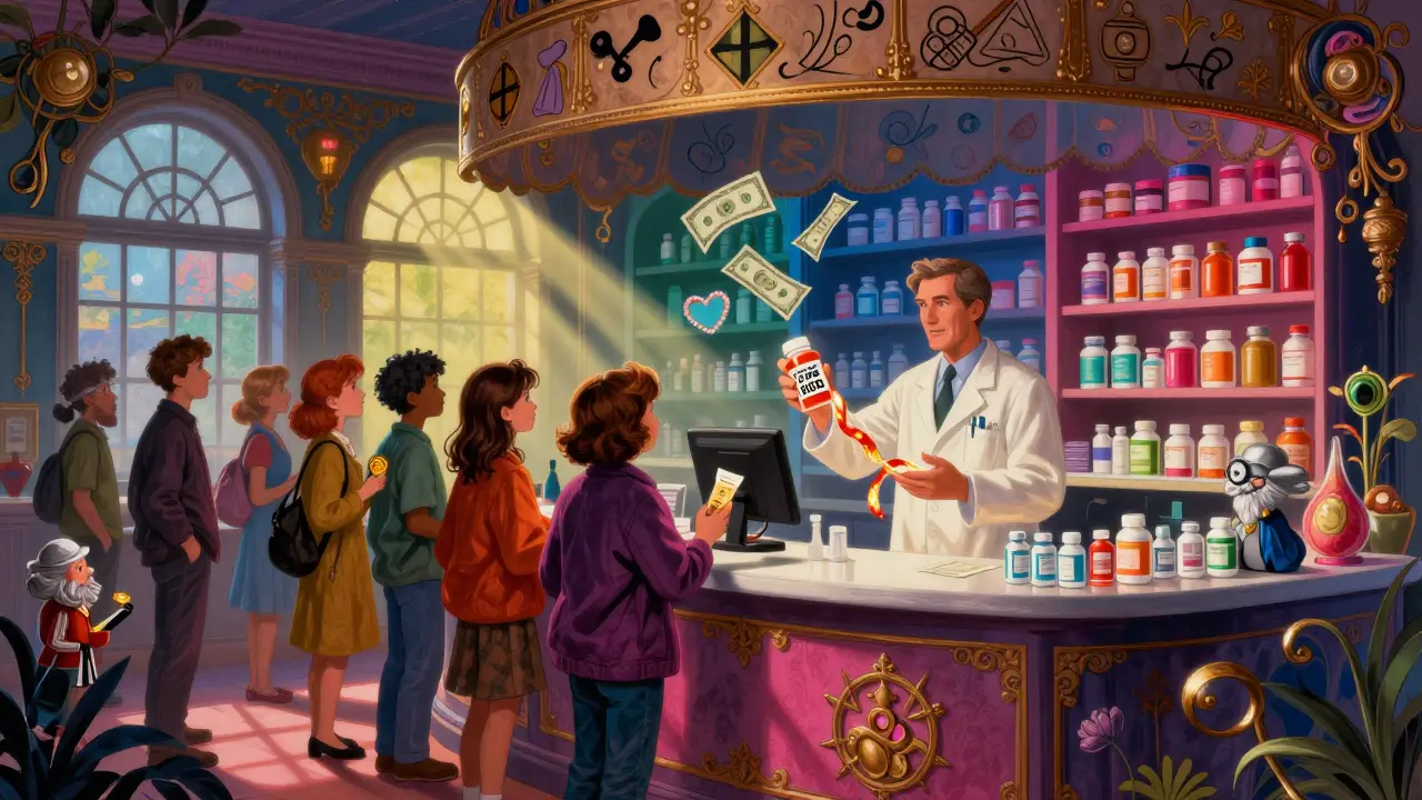 Pharmacy counter with families receiving medication and payment tokens