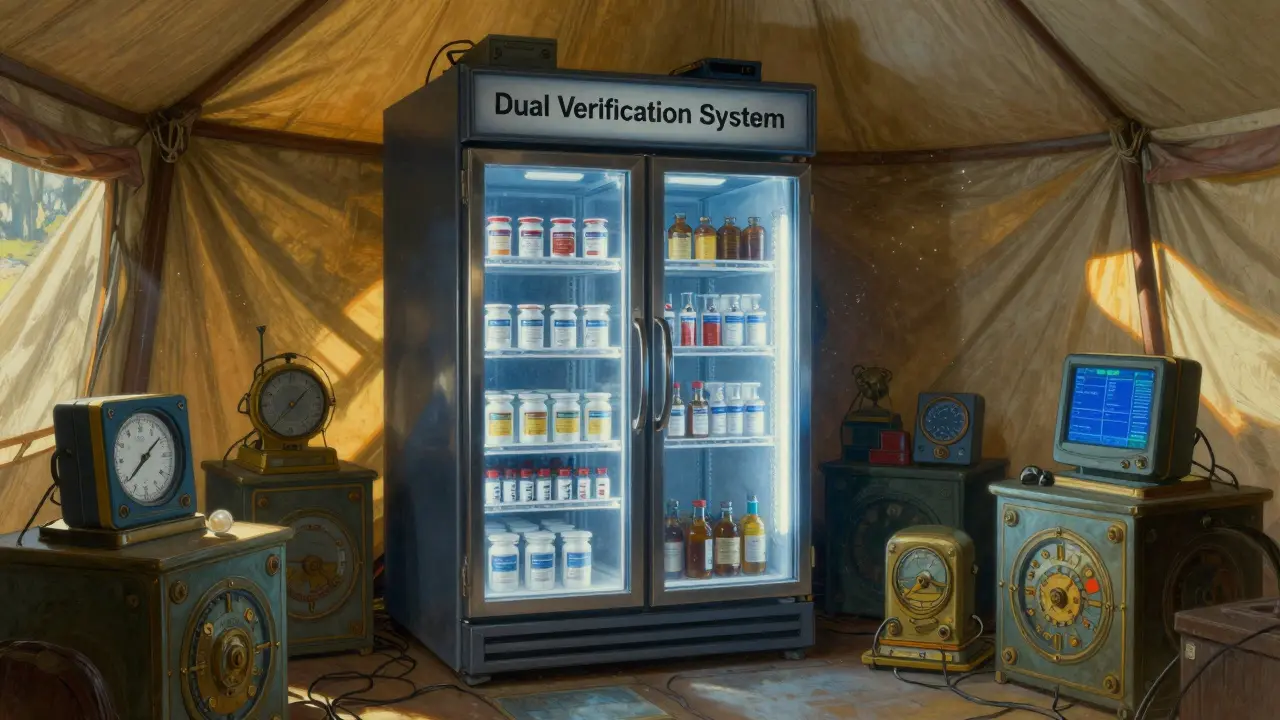 Secure medical refrigerator with monitoring devices