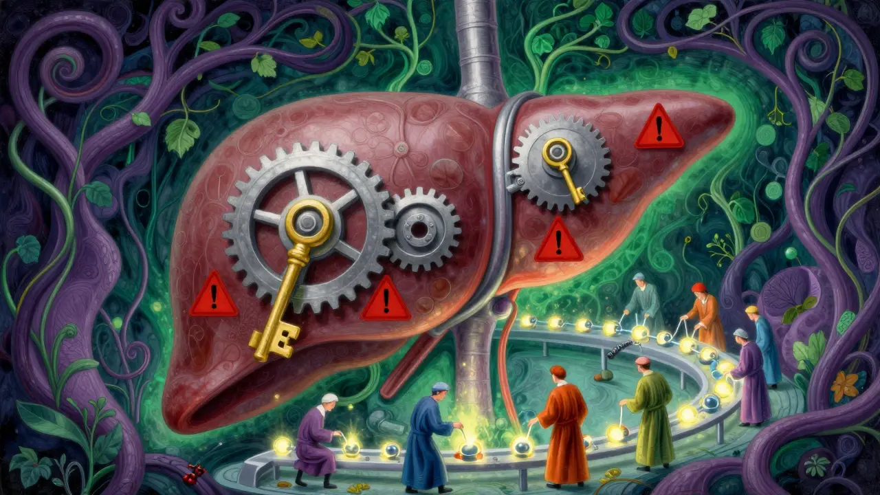 Stylized liver illustration showing enzyme interference mechanism.