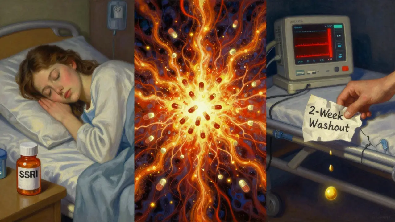Triptych: peaceful sleep, chaotic neural storm, and hospital scene with a washout note and falling seed in luminous detail.
