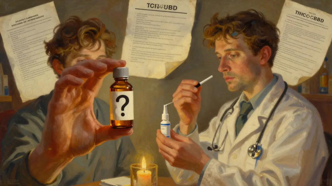 Two figures contrasting unregulated CBD oil with medical THC:CBD spray, surrounded by floating lab reports and warnings.