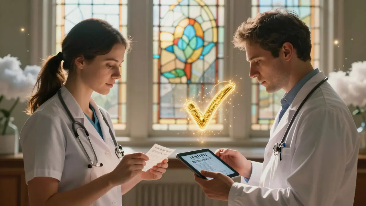 Two healthcare workers verify an NDC code under warm light, with floating symbols showing code conversion.