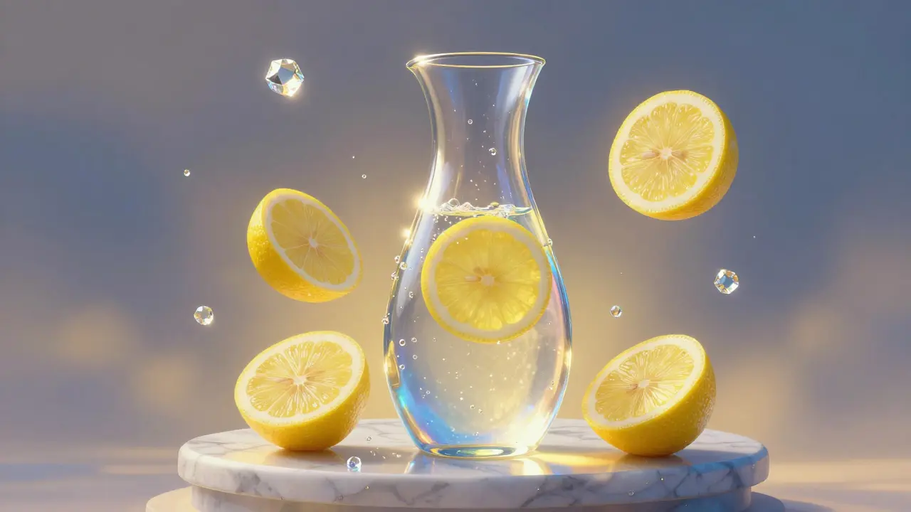 A glowing glass carafe of sparkling water with floating lemon slices in ethereal light.