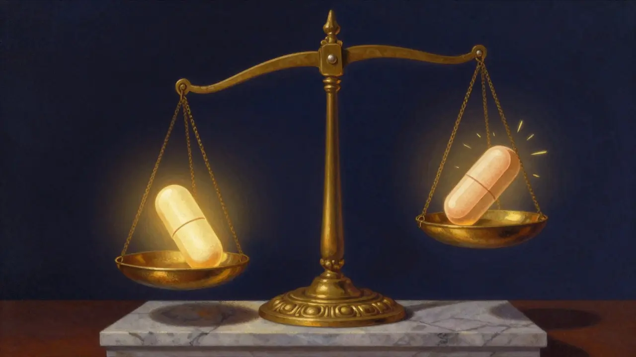 A golden scale tilting between a glowing brand-name pill and a flickering generic pill.