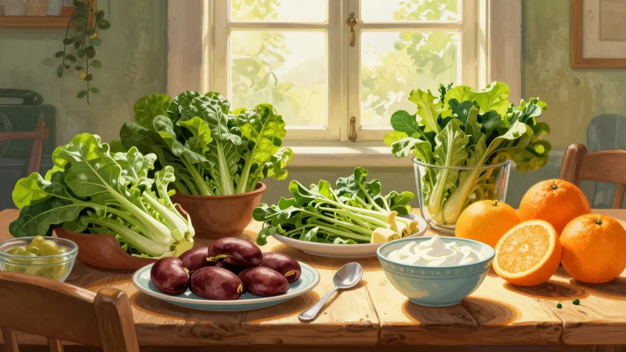 A luminous arrangement of fresh vegetables, yogurt, and citrus fruits on a rustic table.