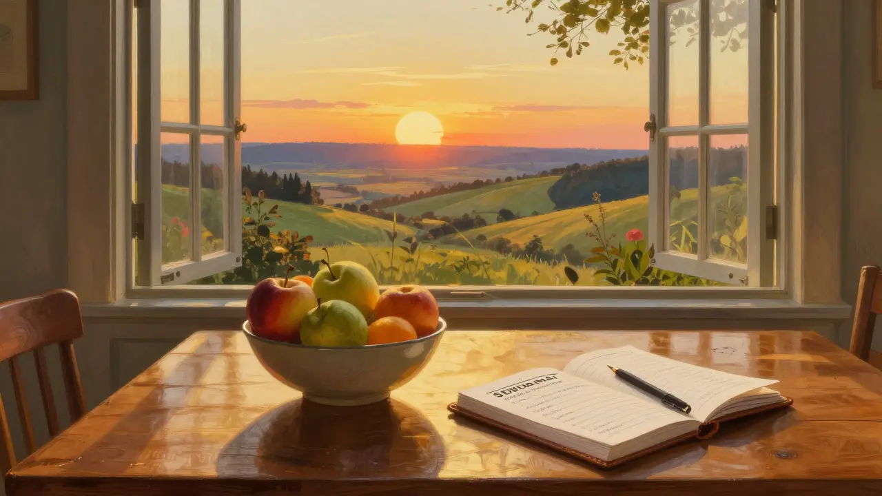 A peaceful scene with a food diary and healthy fruit by a glowing window