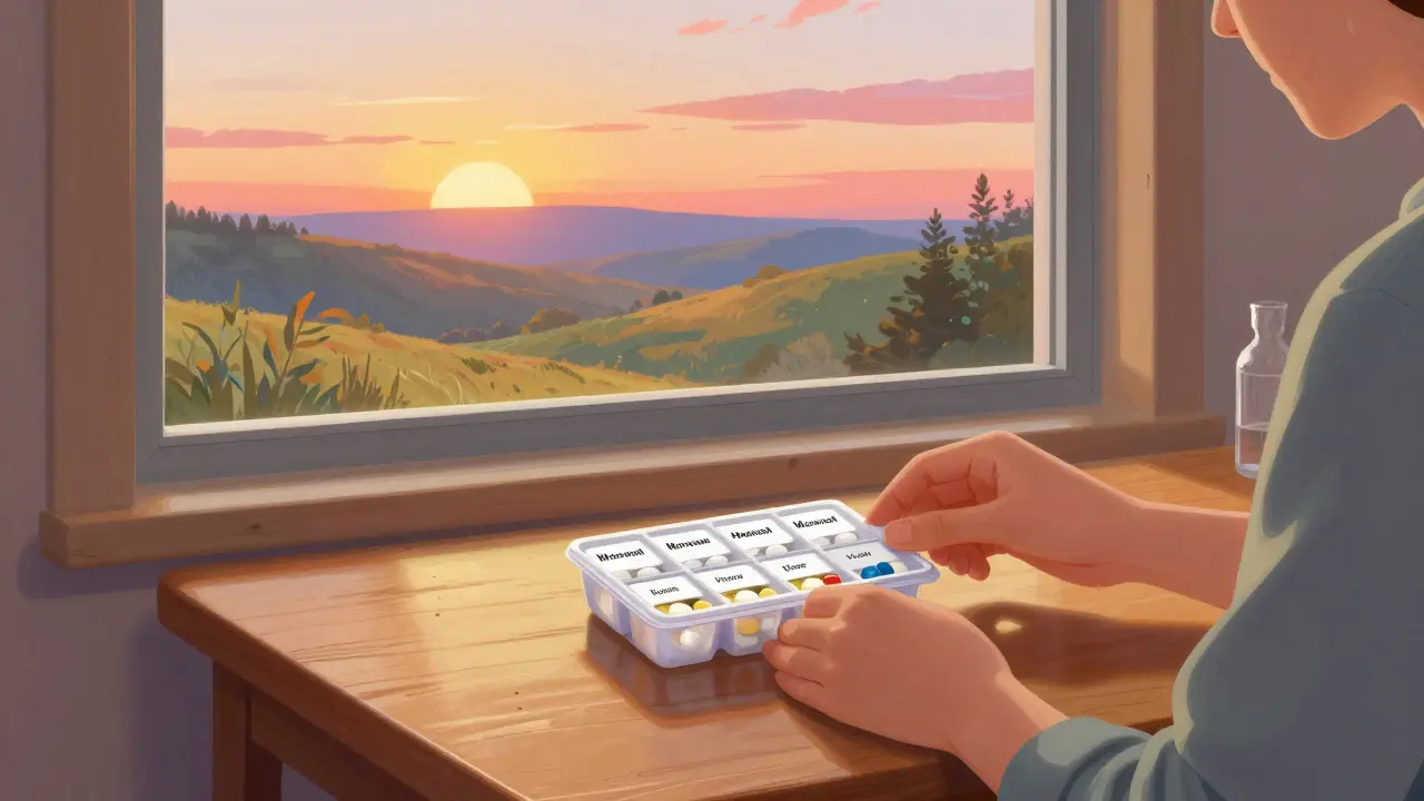 A person calmly organizing monthly medications by a window with a vivid sunset landscape.