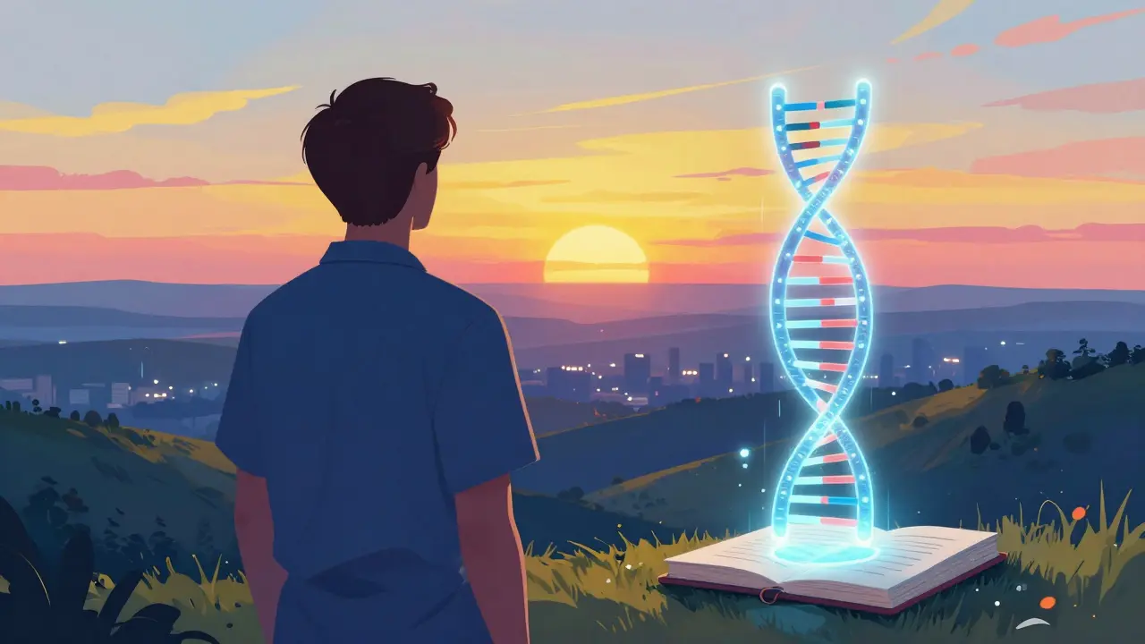 A person looking at a glowing DNA helix over a vast landscape, symbolizing personalized medicine.