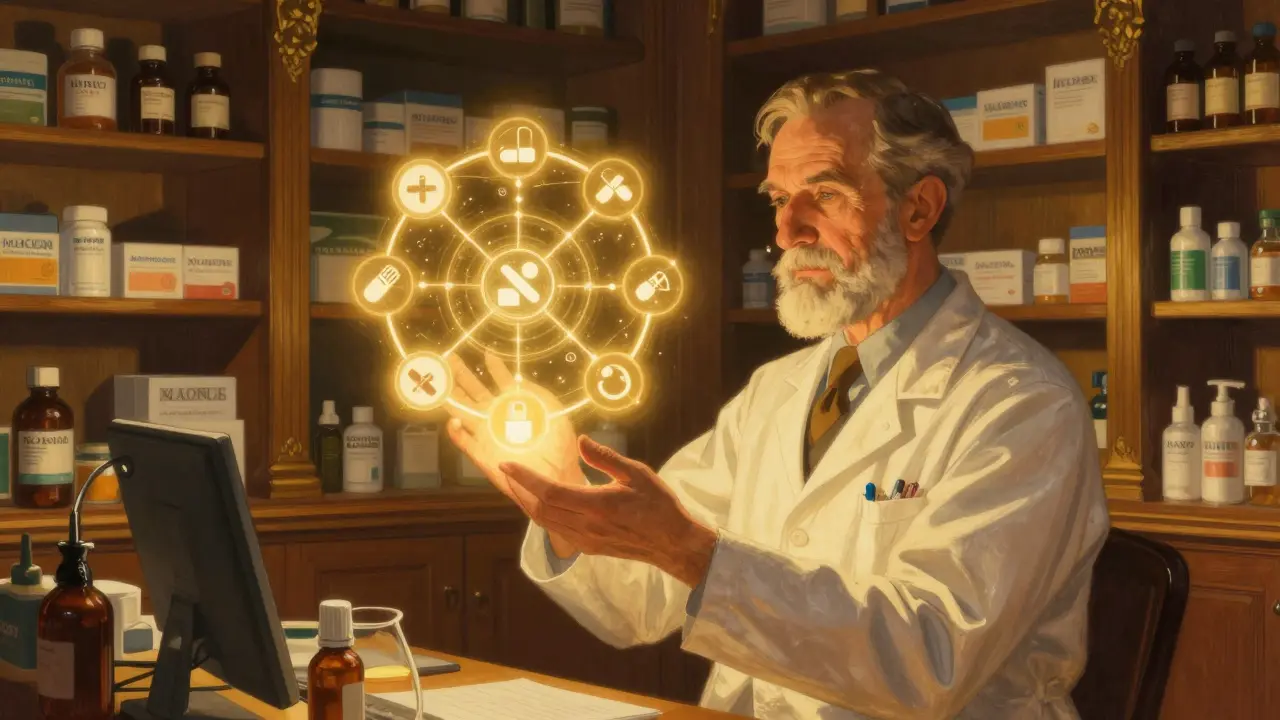 A pharmacist creating a glowing, unified medical profile to ensure drug safety.