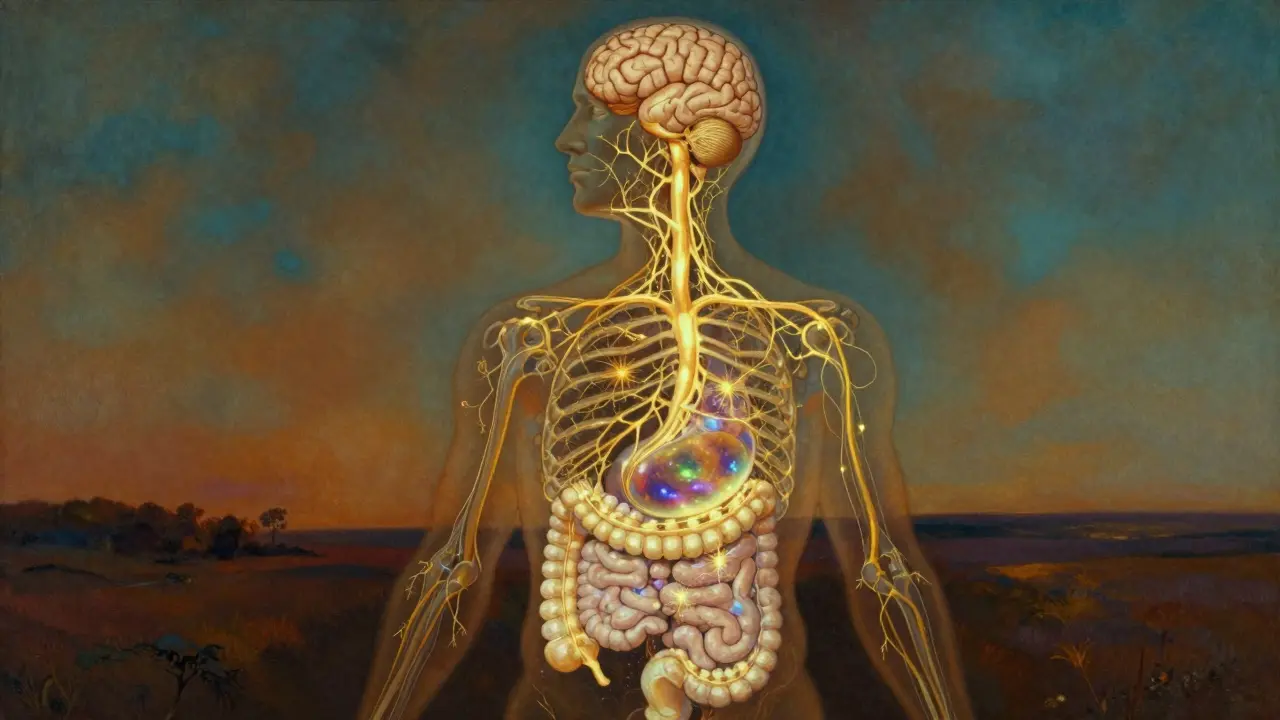 Artistic depiction of the gut-brain axis with glowing neural pathways