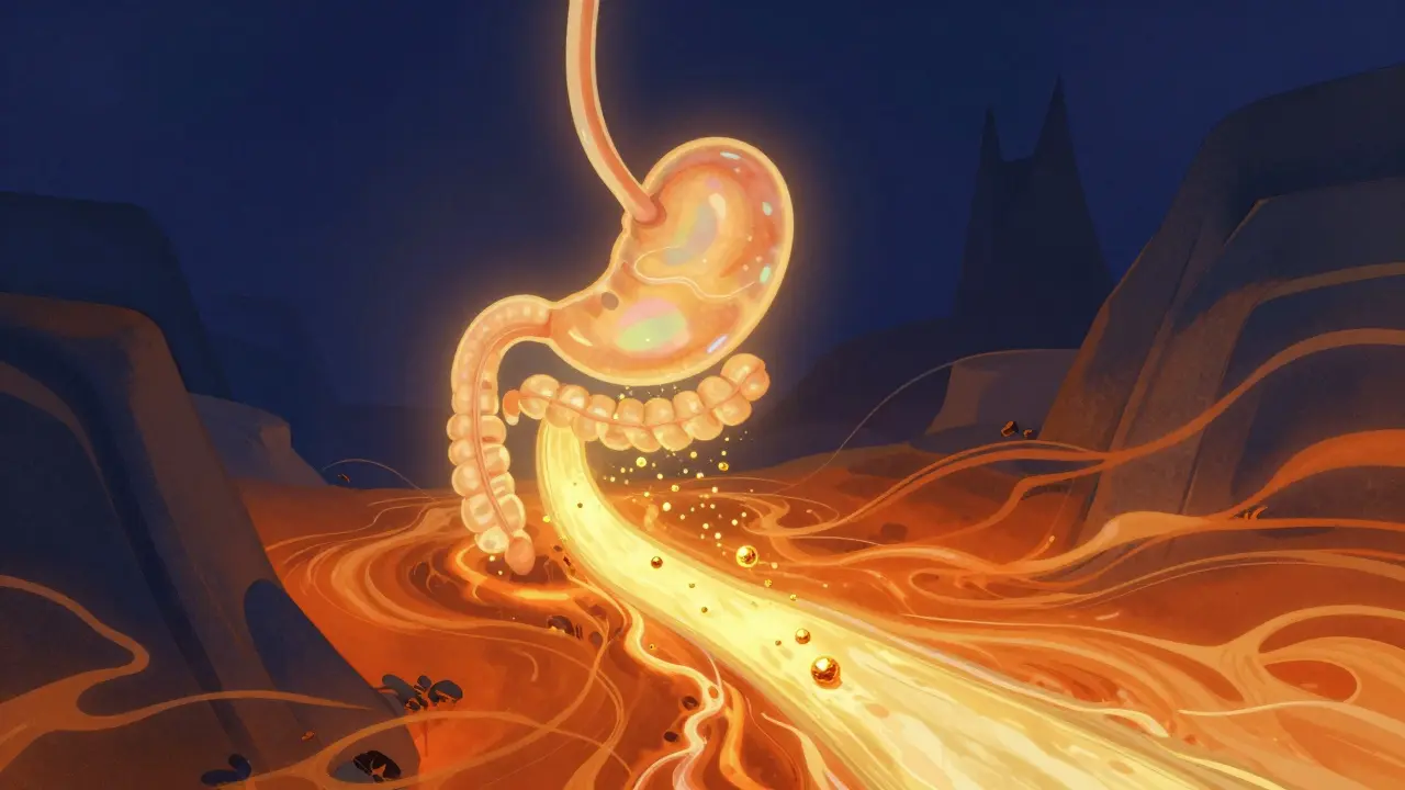 Conceptual art of golden medicine spheres calming a fiery orange stomach acid sea