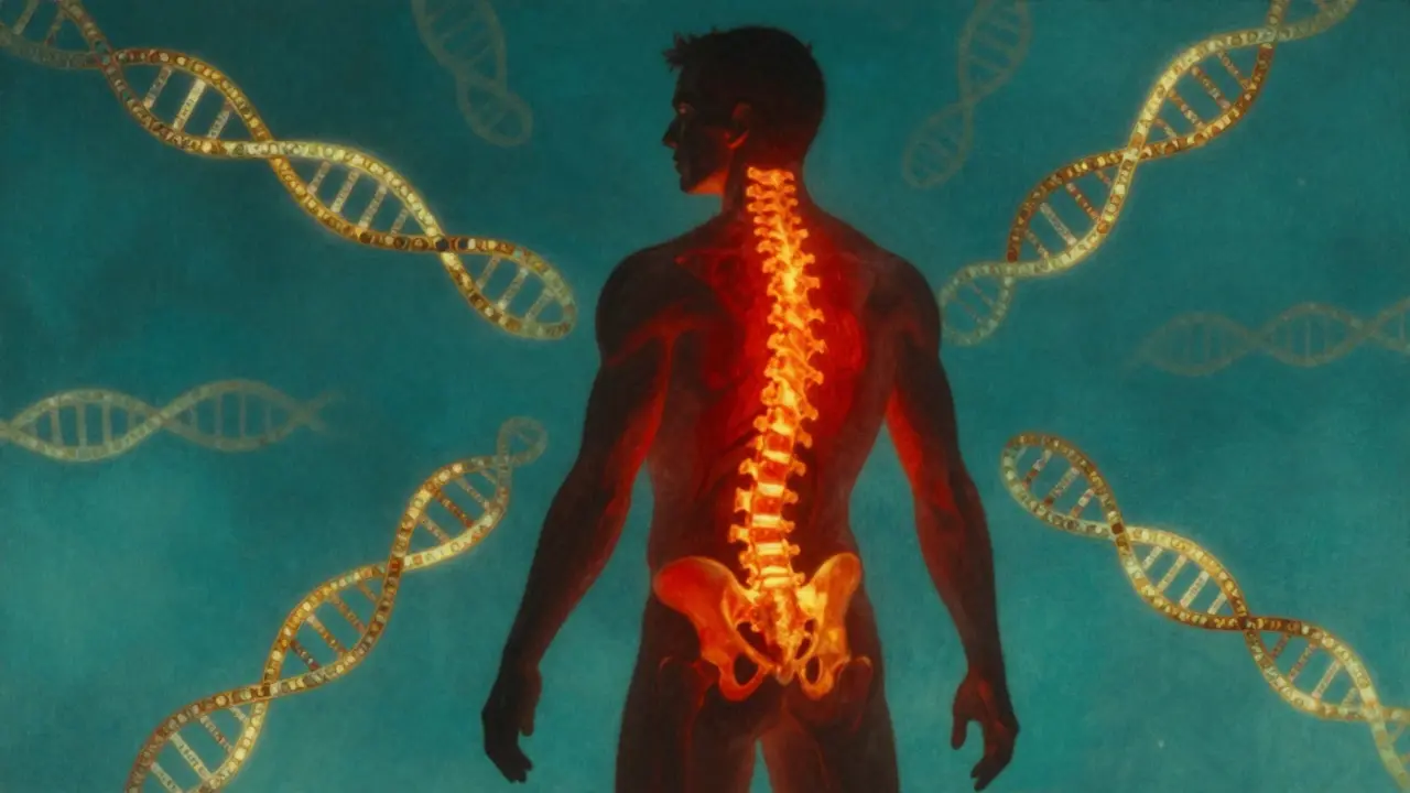 Conceptual illustration of spinal inflammation and genetic markers.