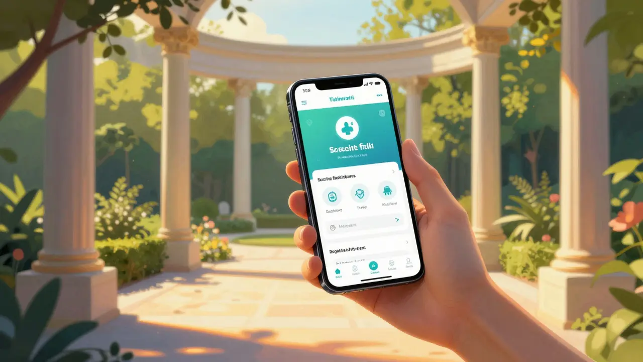 Hand holding a smartphone for online pharmacy against a classical architectural garden