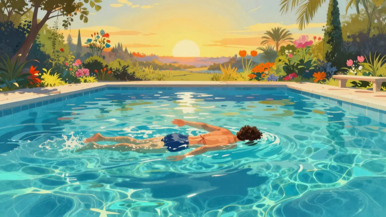 Person swimming in a luminous turquoise pool for therapeutic relief.